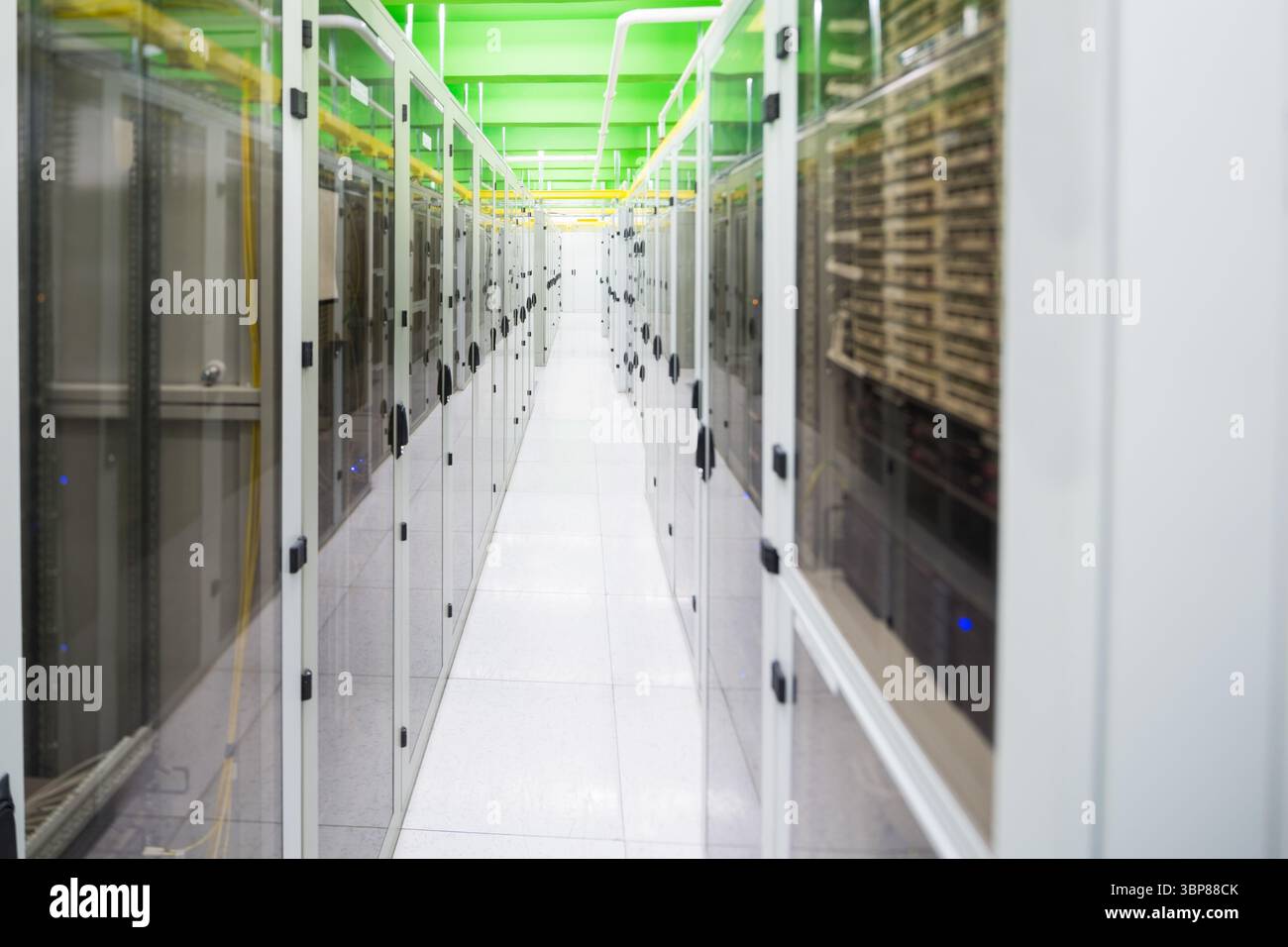 Flat-design corridor featuring white server racks, glass doors ...