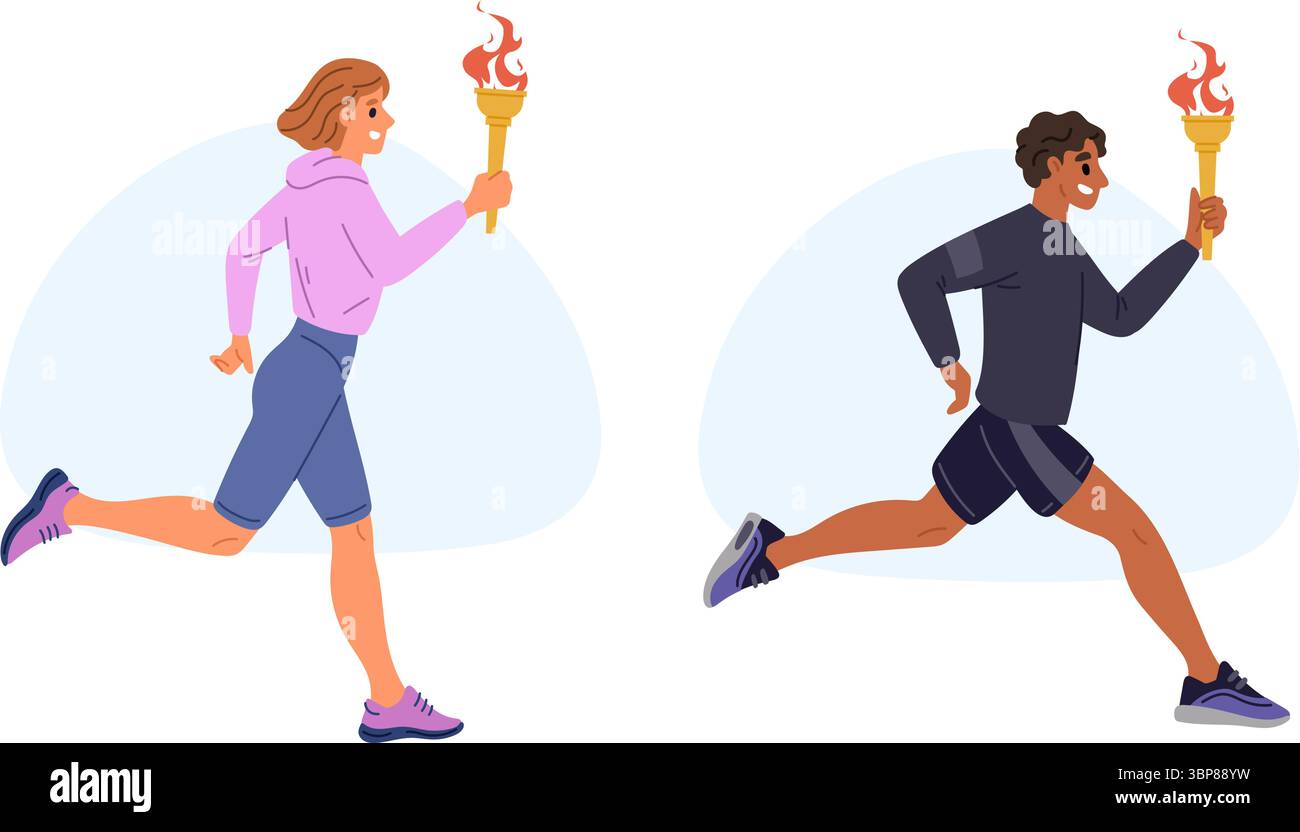 Woman and man running and holding torch with Olympic flame. Sport competition opening ceremony. Athletic games tournament. Runner with blazing fire st Stock Vector