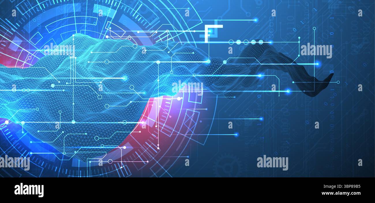 Abstract data background with wireframe wave and circuit lines. Technology concept. Vector Stock Vector