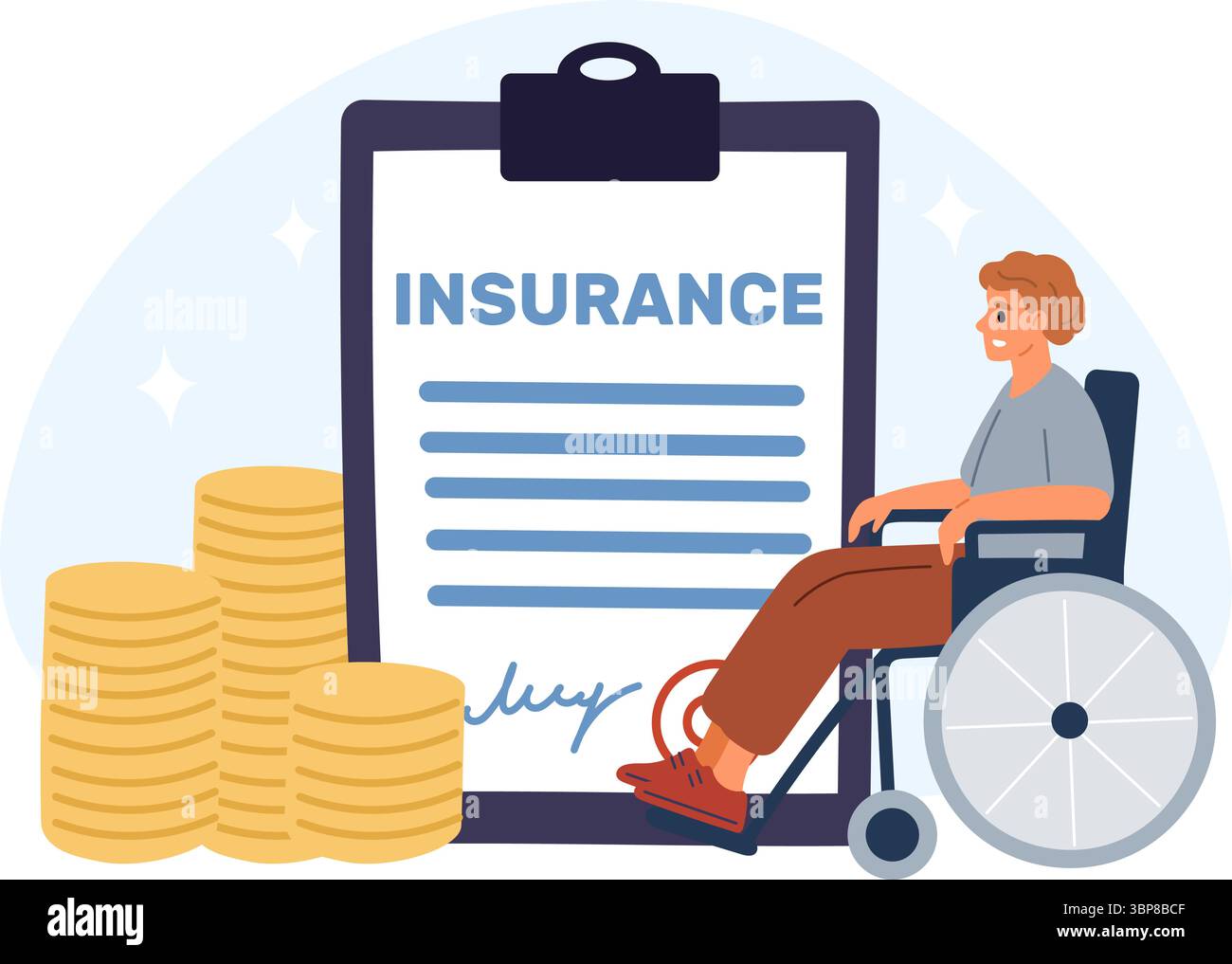 Gold Insurance Doc Disability insurance. Man in wheelchair receives benefits. Money for ...