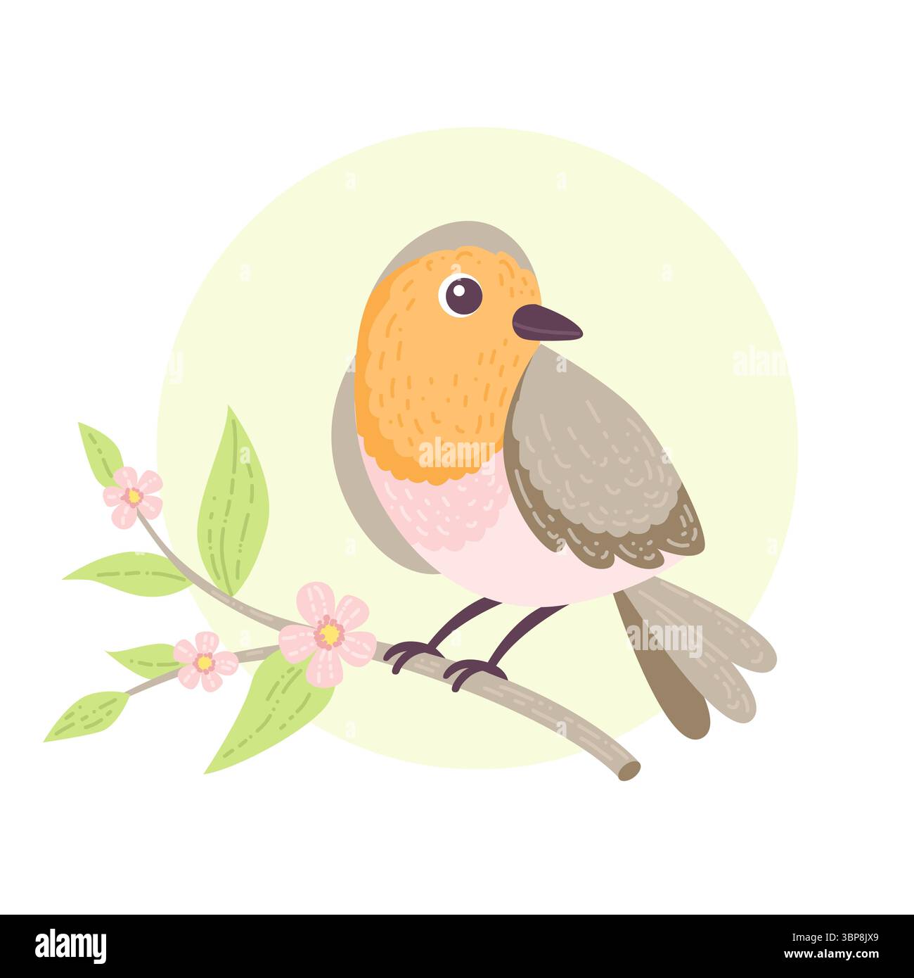 Cute robin bird sitting on a tree branch, Vector illustration in flat ...