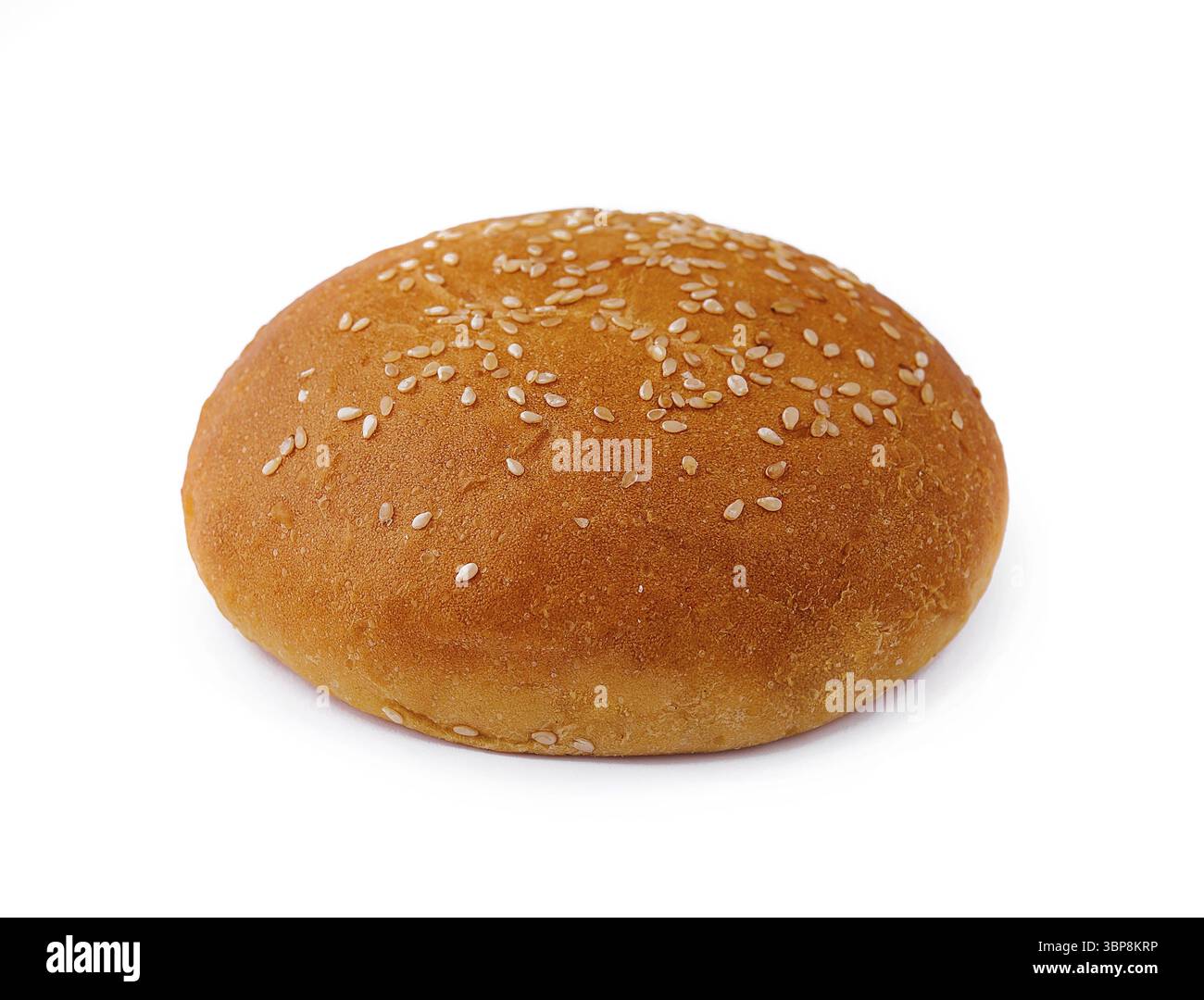 Food, Single, freshly baked sesame seed burger bun isolated on a pure ...