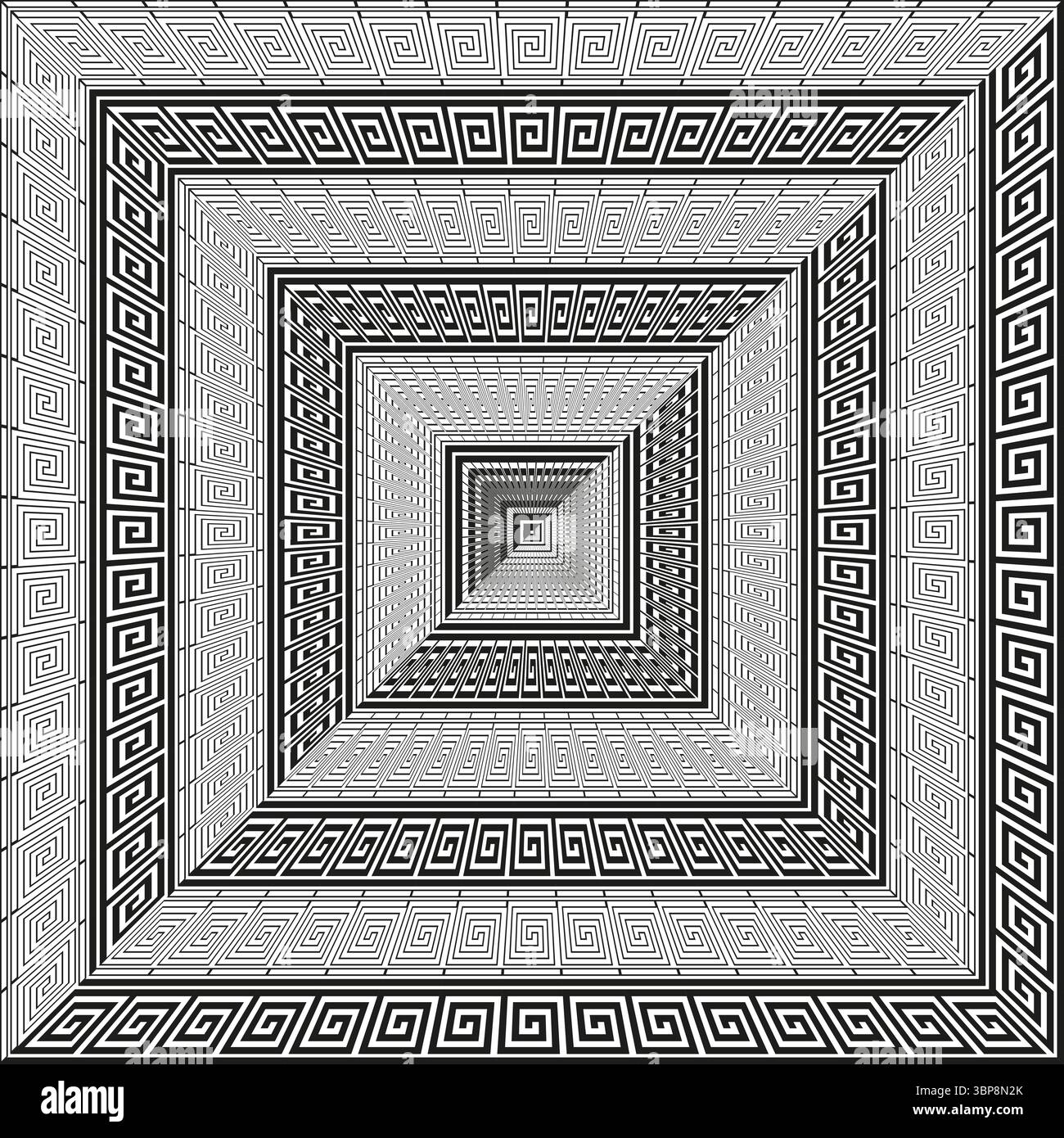 Greek key pattern. Perspective tunnel effect. Infinite geometric Vector. Repeating square design. Stock Vector