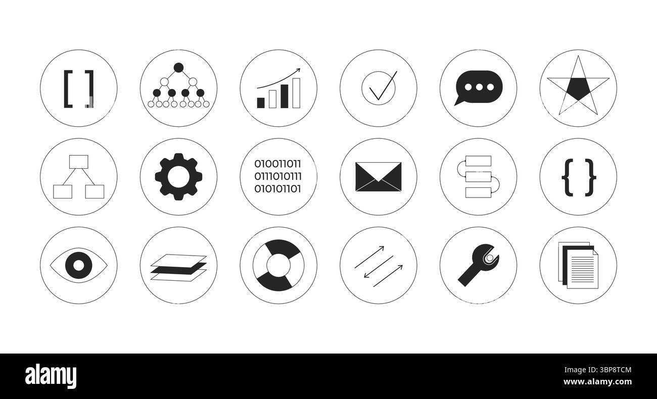 Technology and data 2D line round stickers objects set Stock Vector