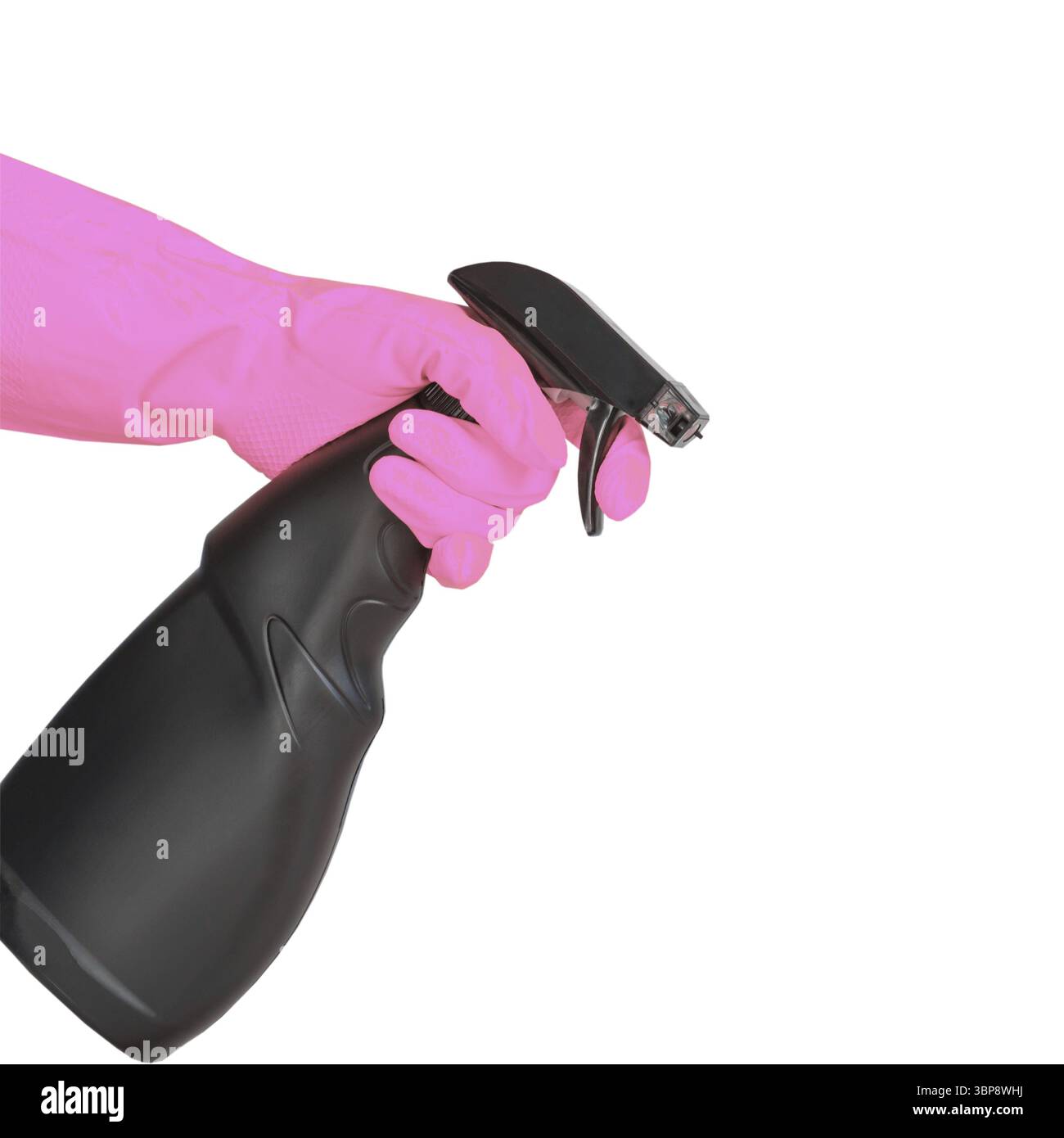 Hand in pink rubber glove holding black plastic spray detergent bottle ...