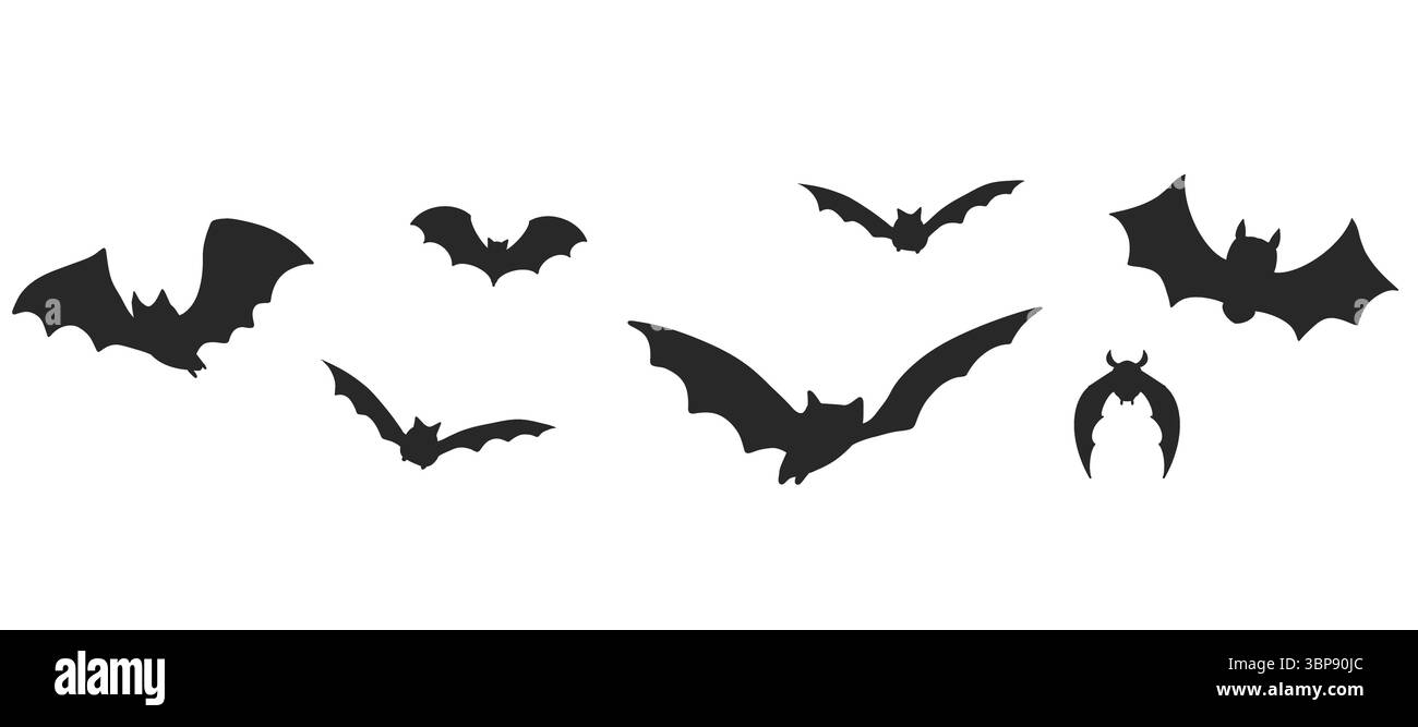 Flying bat silhouette row as Halloween border. Isolated vector element ...