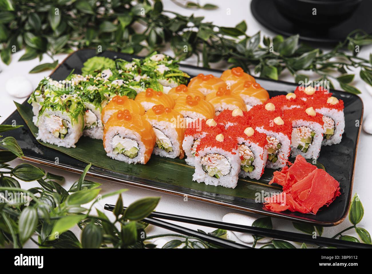 Food, Big set of rolls with wasabi and pickled ginger Stock Photo