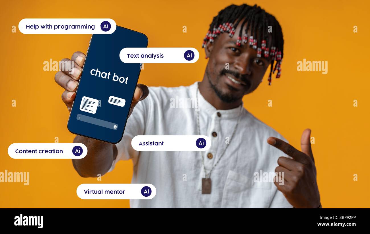 Man showcasing chatbot app features with AI capabilities in a vibrant orange background Stock Photo