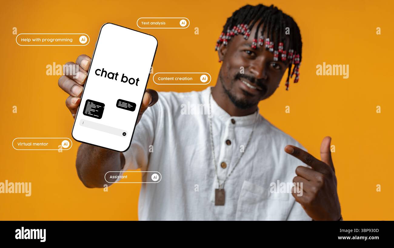 Man showcasing chatbot mobile application with helpful features on a vibrant orange background Stock Photo
