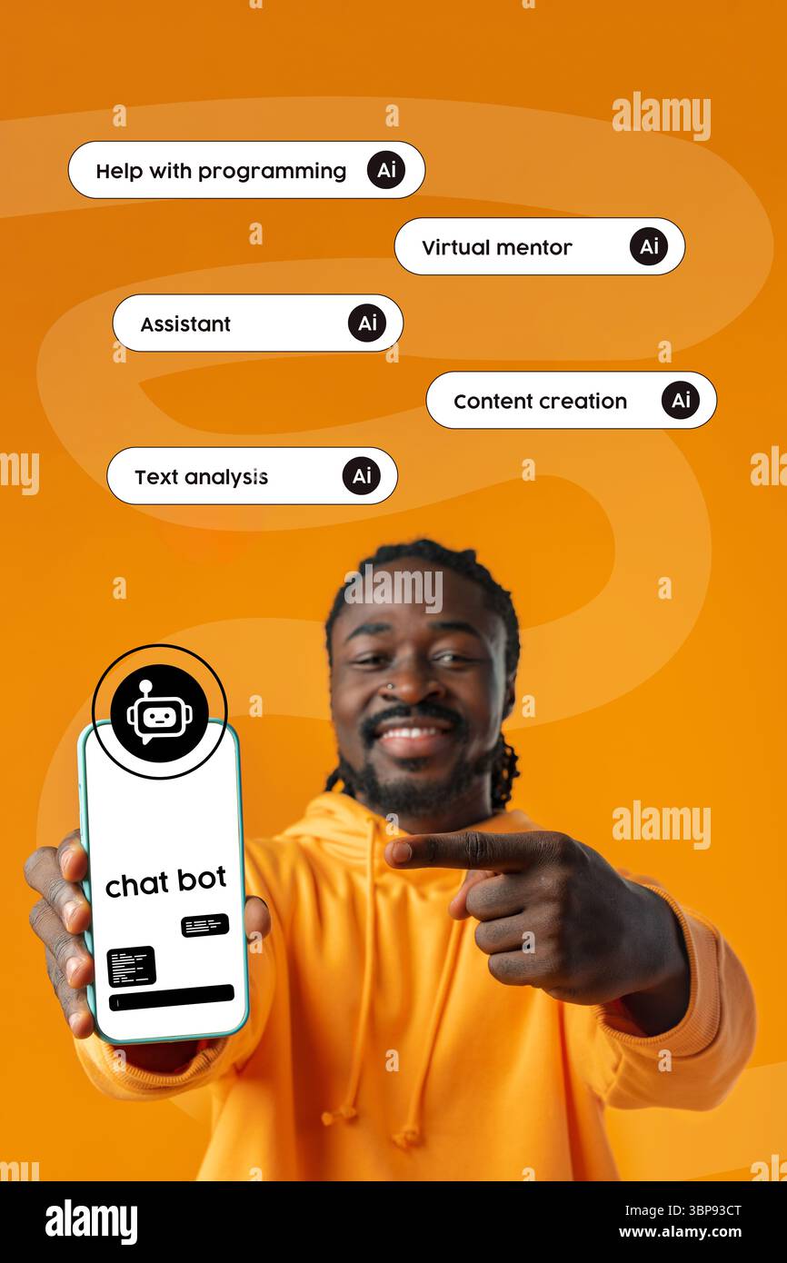 Innovative AI chatbot offers support for programming, content creation, text analysis, and more in vibrant workspace Stock Photo
