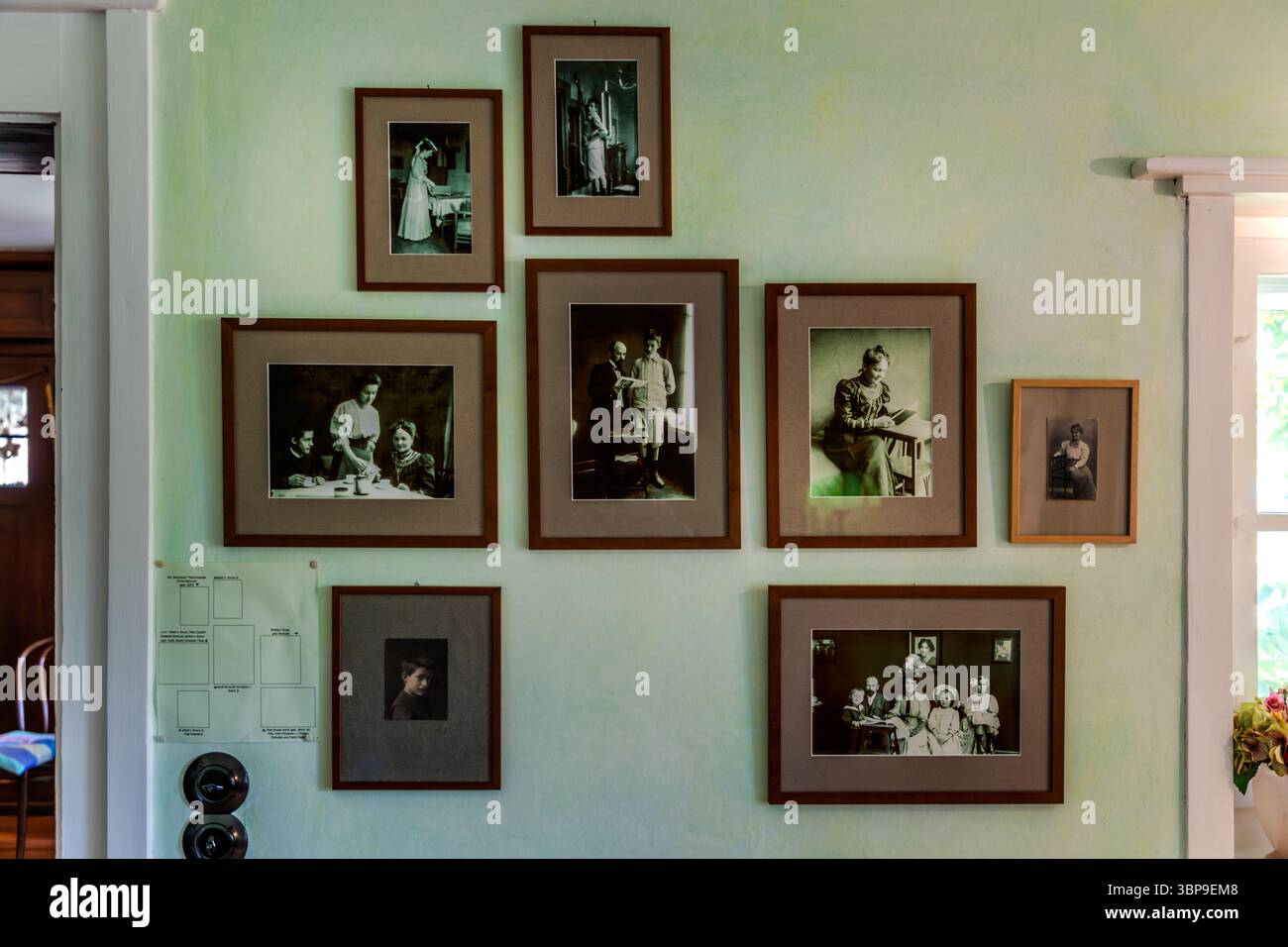 Photo wall with black-and-white photographs of Mia Hesse and Hermann Hesse in their house in Gaienhofen. The Swiss country-style house, built in 1907, can be visited as part of a guided tour with Eva Eberwein. Hermann-Hesse-Weg, Gaienhofen, Baden-Württemberg, Germany Stock Photo