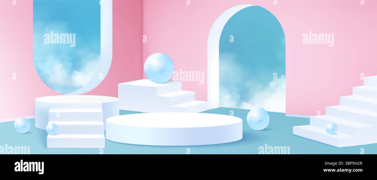 Pastel pink blue geometric stair podium composition with white platforms, glossy spheres and cloud filled sky in archways. Abstract 3d display stages for product presentation, cosmetics showcase. Stock Vector