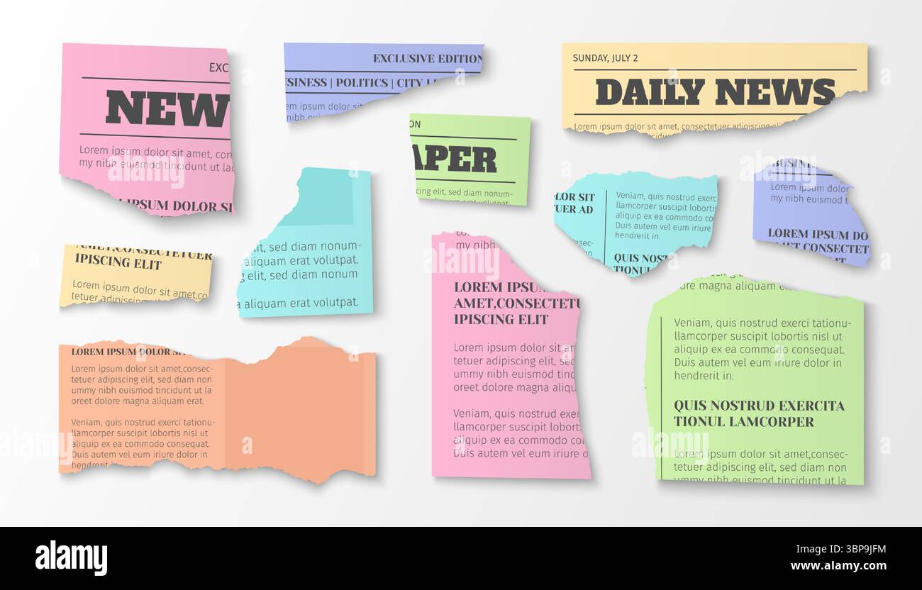 Journalistic Design Torn newspaper and magazine clippings in pastel colors - paper scraps ...