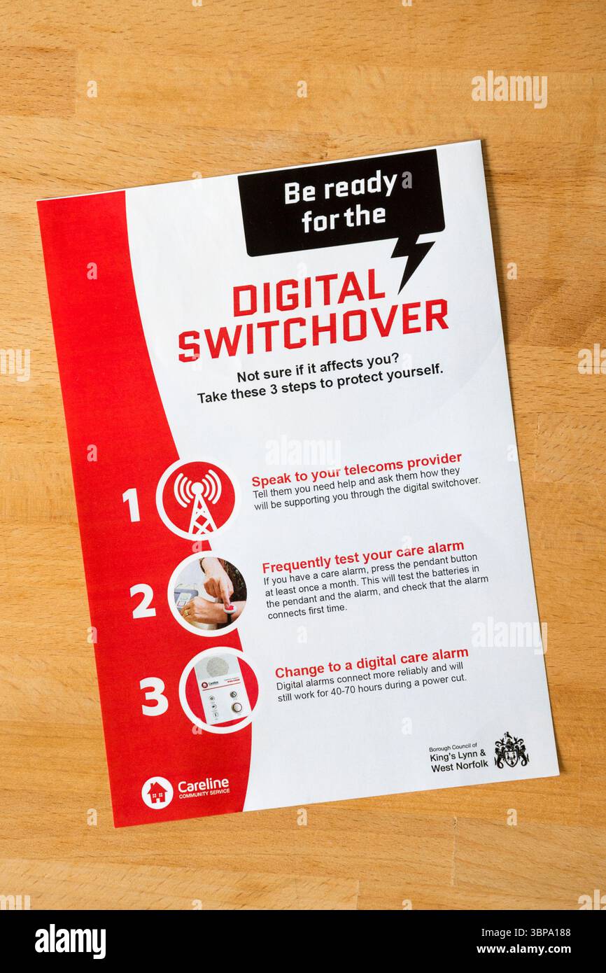 A notice from the Borough Council of King's Lynn & West Norfolk warns care alarm users to be prepared for the digital switchover. Stock Photo