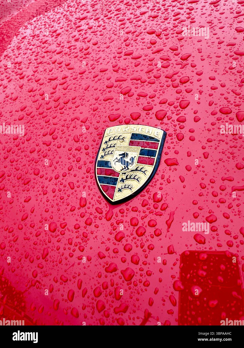 Close-up of a wet red Porsche 911 car hood or bonnet featuring a Porsche logo covered in raindrops reflecting light - Smartphone Captured Stock Image