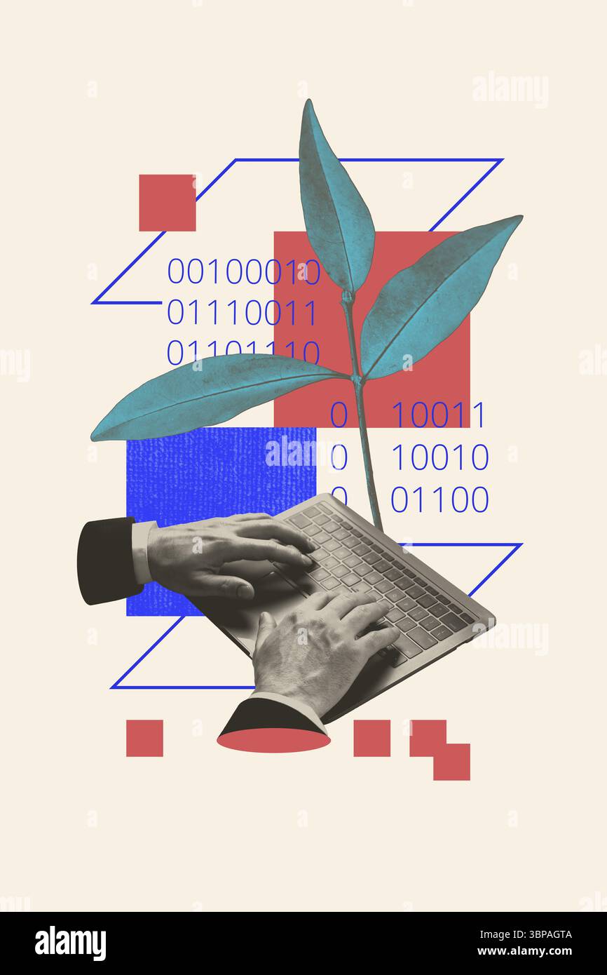 Creative trend artwork design collage sketch of hand type keyboard button programming hacker specialist data developer plant leaves code Stock Photo