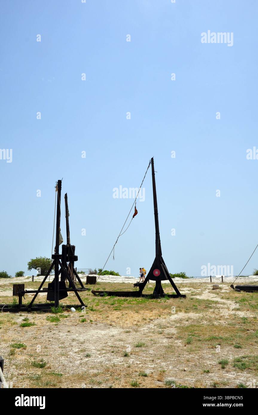 Medieval war machine used to throw stone blocks at the enemy exposed at ...