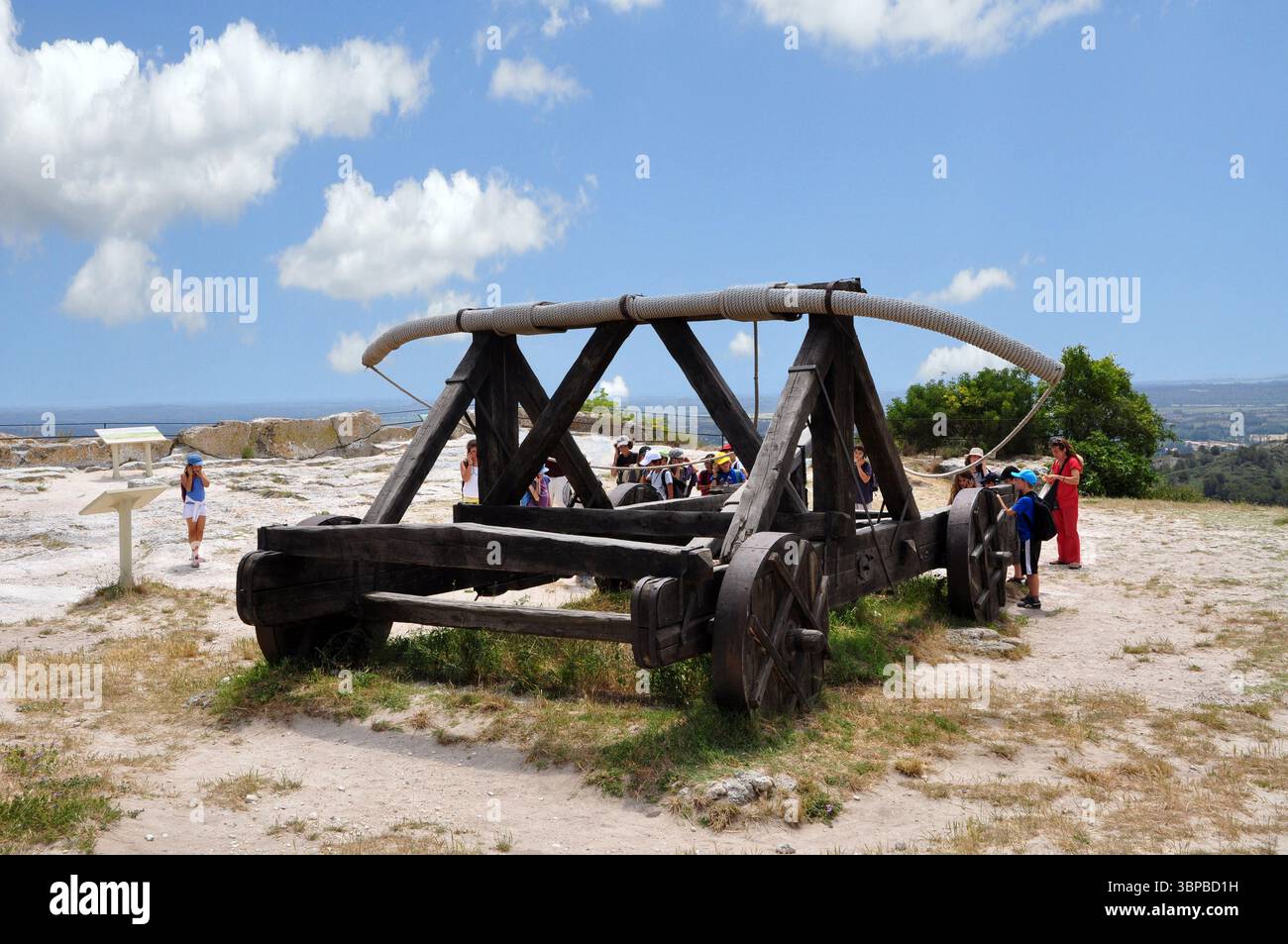 Medieval war machine used to throw stone blocks at the enemy exposed at ...
