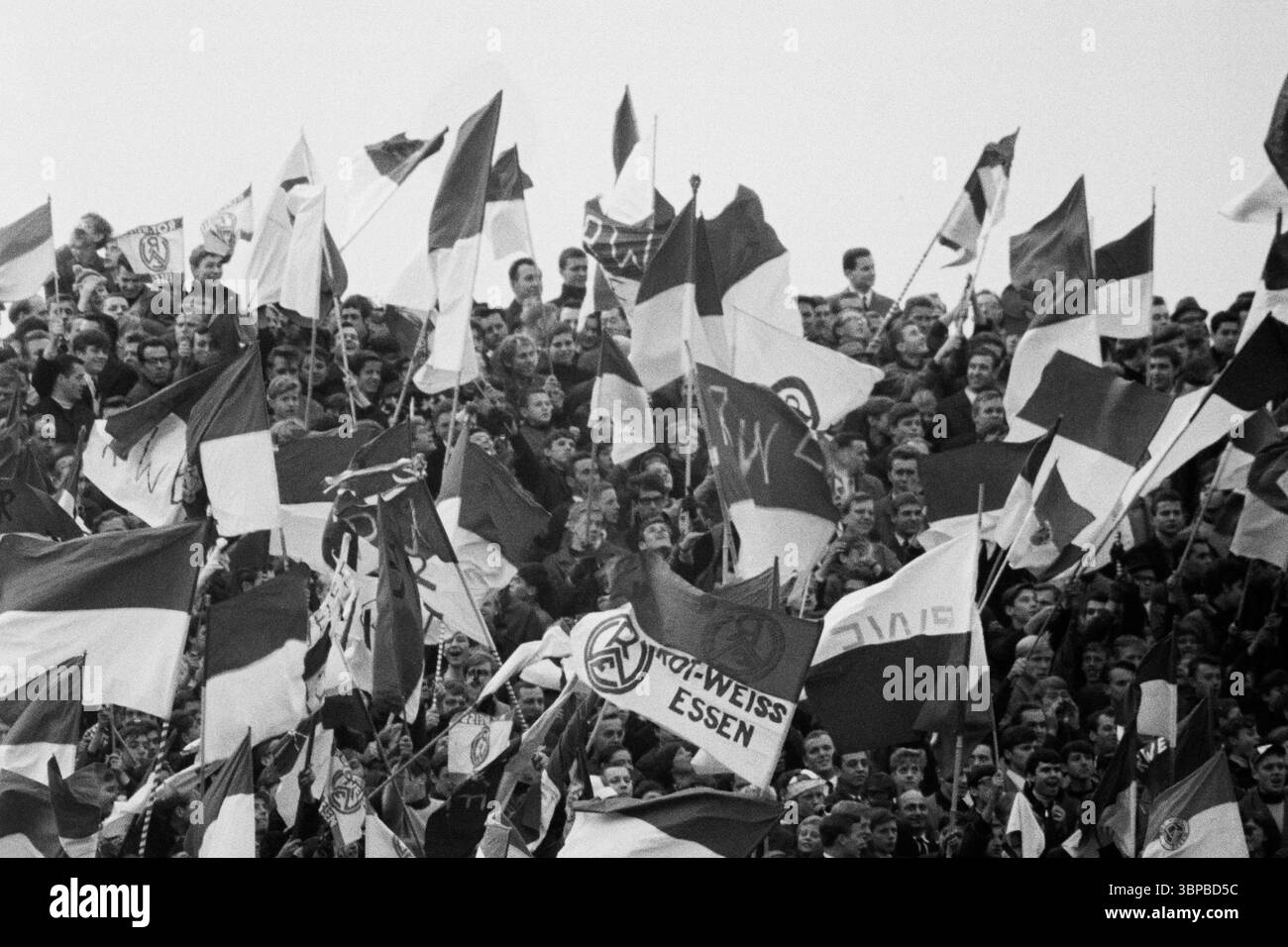 Sixties, sports, football, Bundesliga, 1966/1967, Rot-Weiss Essen vs. SG Eintracht Frankfurt 1-1, 29.10.1966, Stadium at the Hafenstrasse in Essen, RWE football fans wave the club flags and have fun Stock Photo