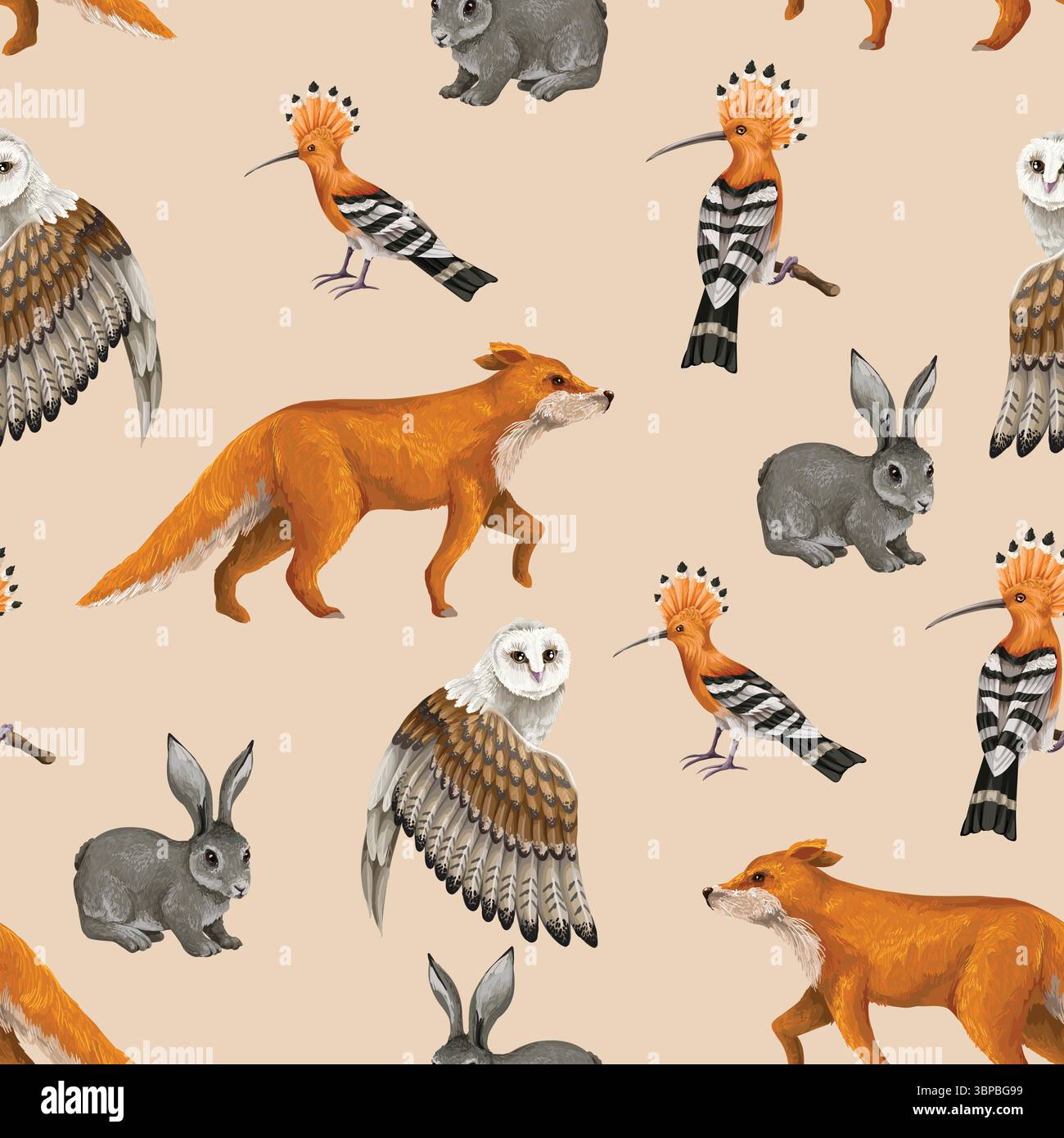 Seamless pattern with wood's animals and birds. Vector. Stock Vector