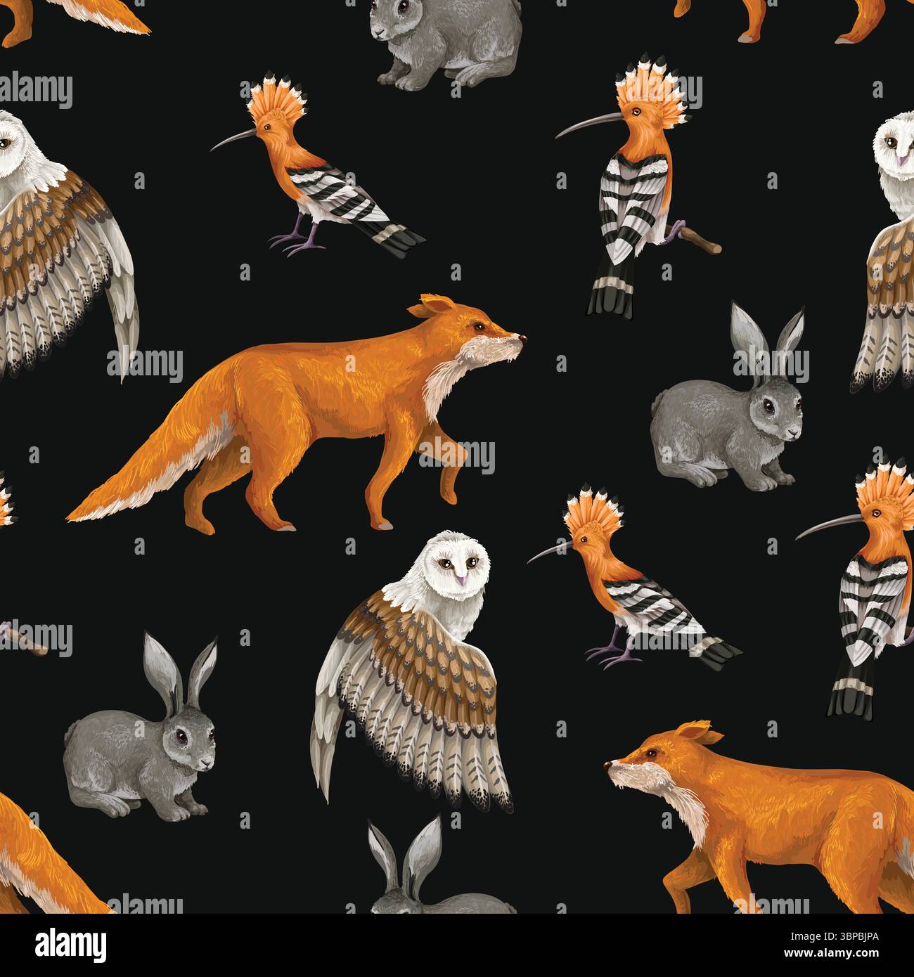 Seamless pattern with wood's animals and birds. Vector. Stock Vector
