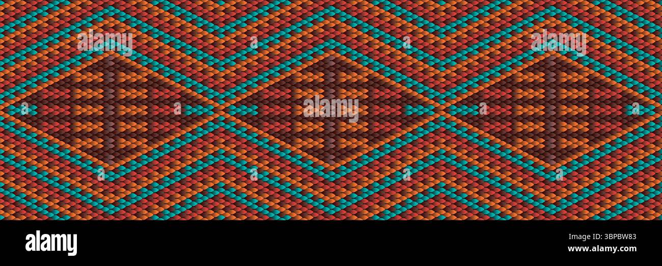 This seamless vector pattern resembles intricate embroidery with interlocking shapes in teal, orange, and deep brown. The diamond layout mimics hand-s Stock Vector