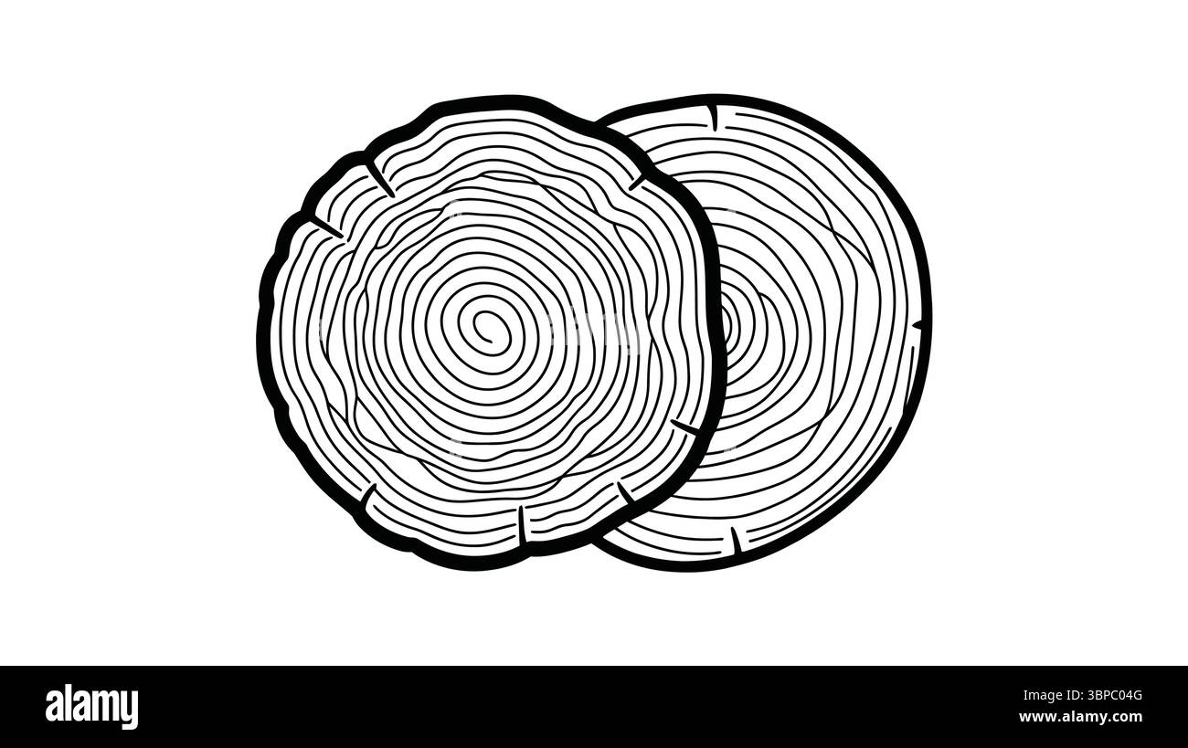 Two tree trunk cross sections with visible growth rings in a black and white line drawing format Stock Vector