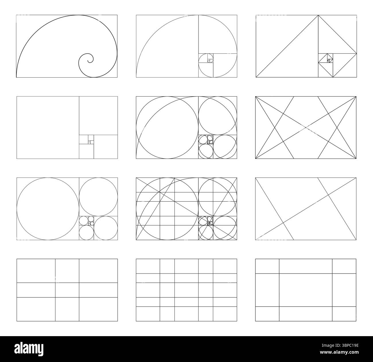 Golden ratio template set. Method golden section. Fibonacci array ...