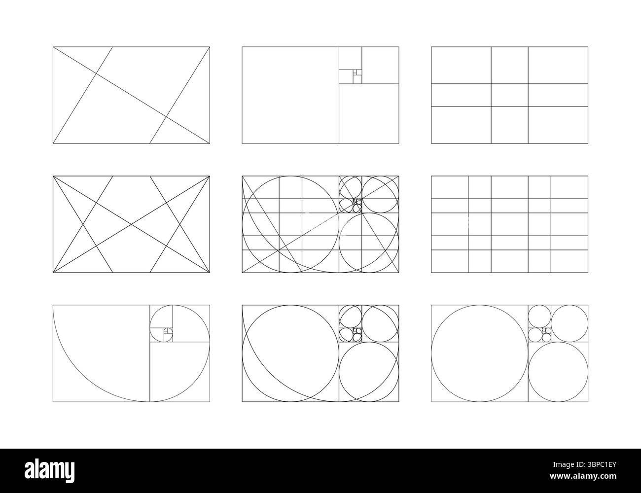Golden ratio template set. Method golden section. Fibonacci array ...