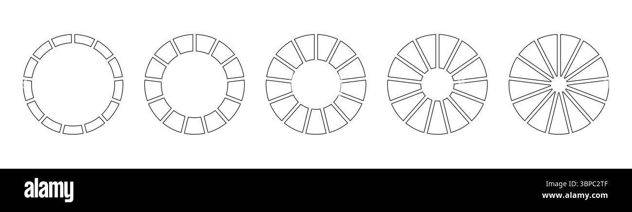 Circle division on 13 equal parts. Wheel divided diagrams with thirteen segments. Set of simple infographic. Coaching blank. Circles section graph Stock Vector
