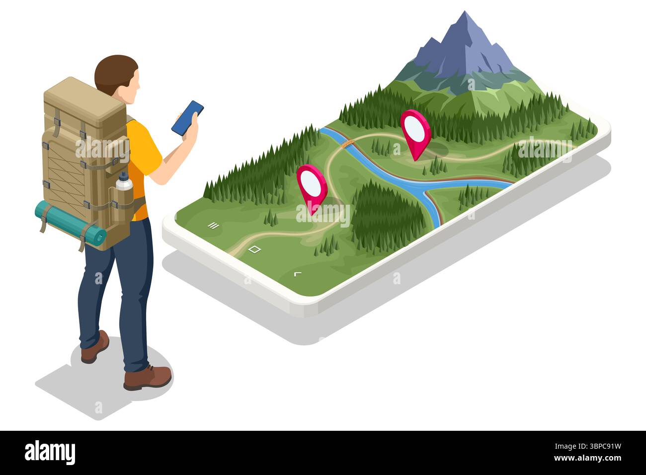 Hiker with backpacks looking at a 3D hiking map with trails, rivers, flags, and mountains. Adventure, trekking, and outdoor navigation concept in Stock Vector