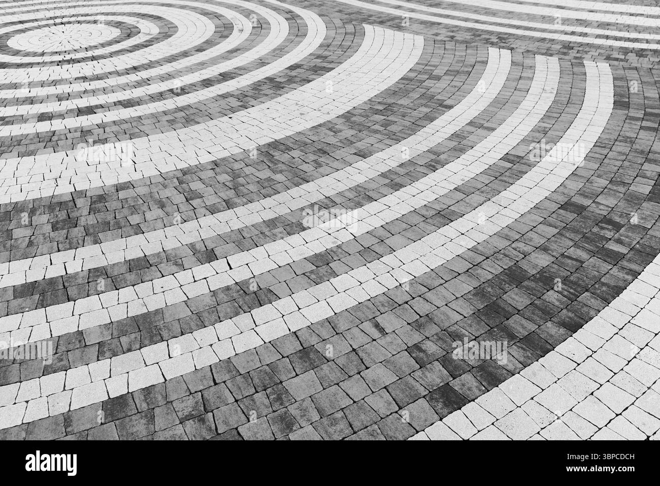 Monochromatic photo showcasing an artistic pattern of concentric white circular lines on a textured paved surface, emphasizing geometric symmetry and Stock Photo