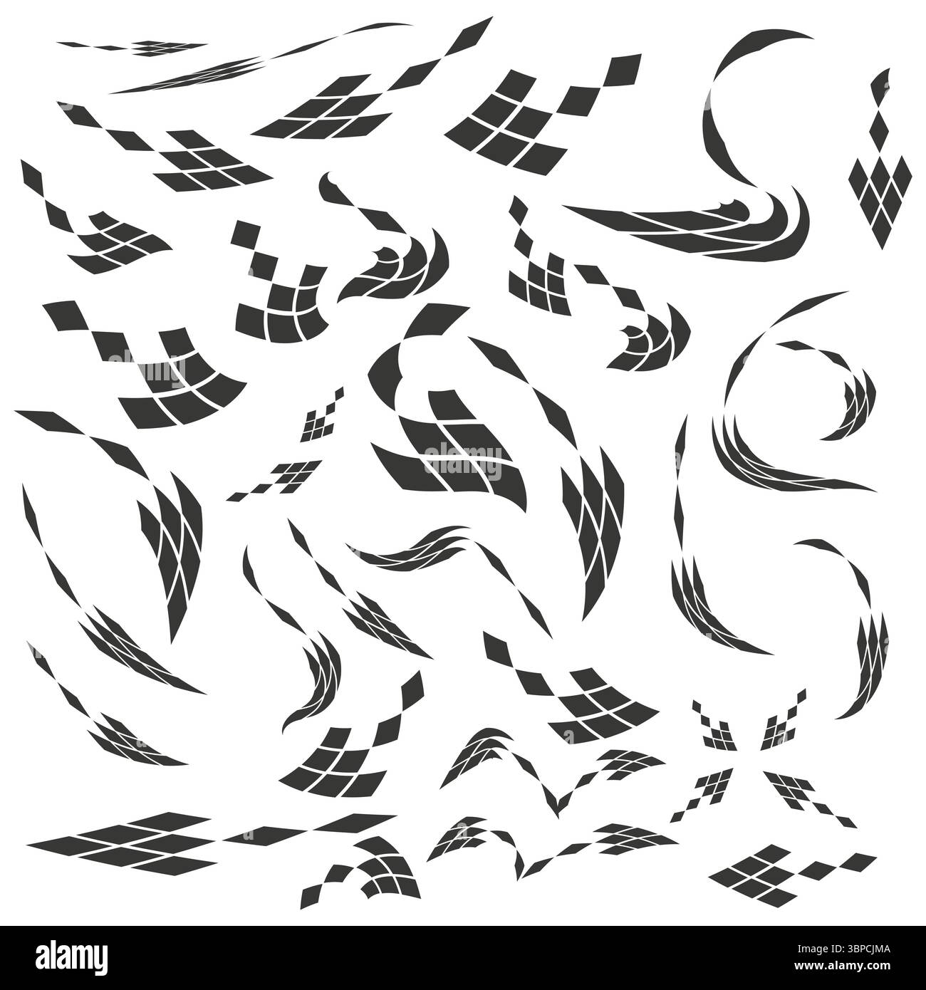 Black dynamic shapes. Tile warp pattern. Perspective grid design. Futuristic abstract movement. Stock Vector