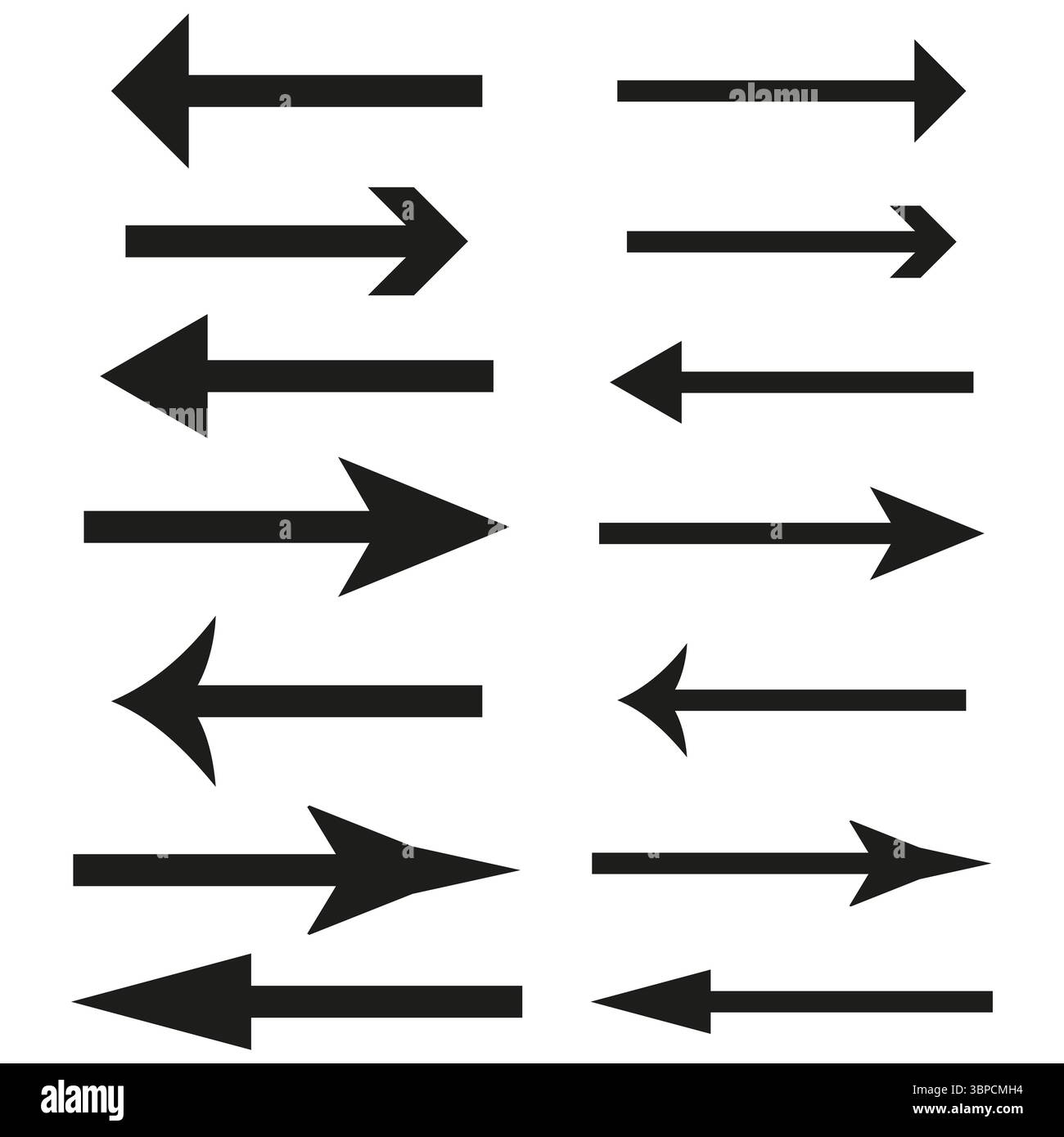 Arrow icon sheet. Horizontal navigation symbols. Point direction Vector. Simple black set. Stock Vector