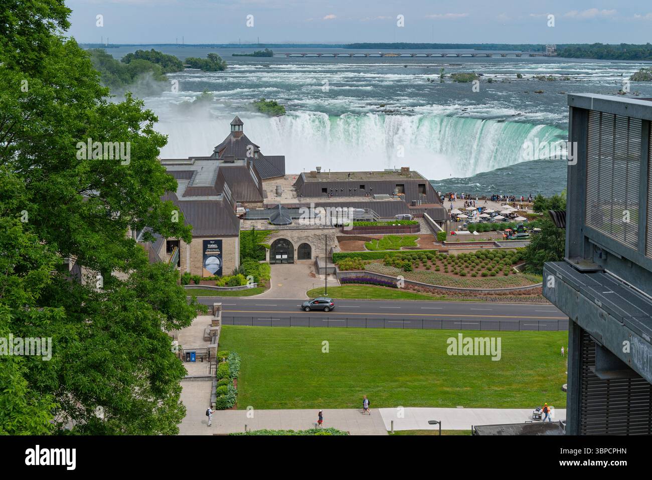 View of the Table Rock Welcome Centre from the top of the Incline Railway. The Centre is a visitor hub perched at the edge of the Horseshoe Falls Stock Photo