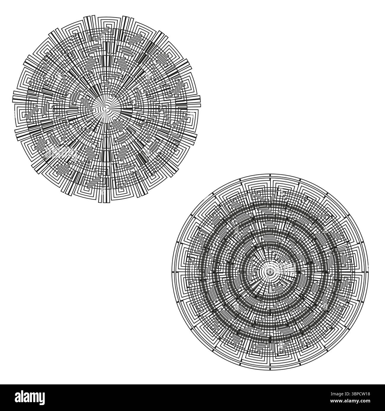 Circular labyrinth patterns. Intricate maze forms. Geometric radial lines. Vector abstract design. Stock Vector