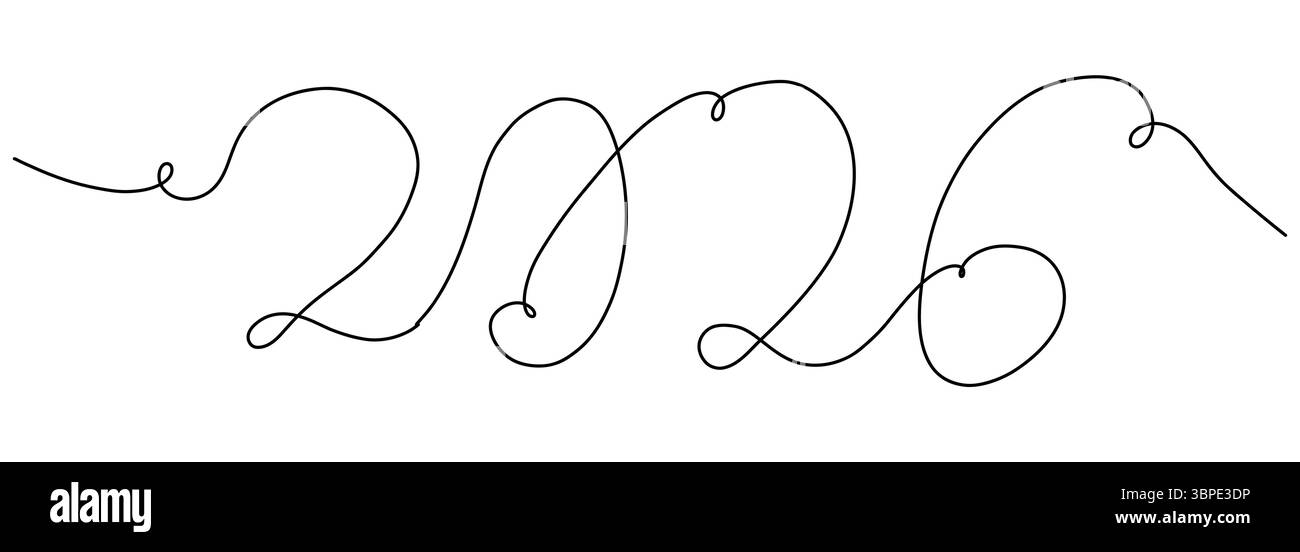 Pencil And Pen Drawing 2026.New year 2026 line art, contour sketch hand drawn. Continuous linear ...
