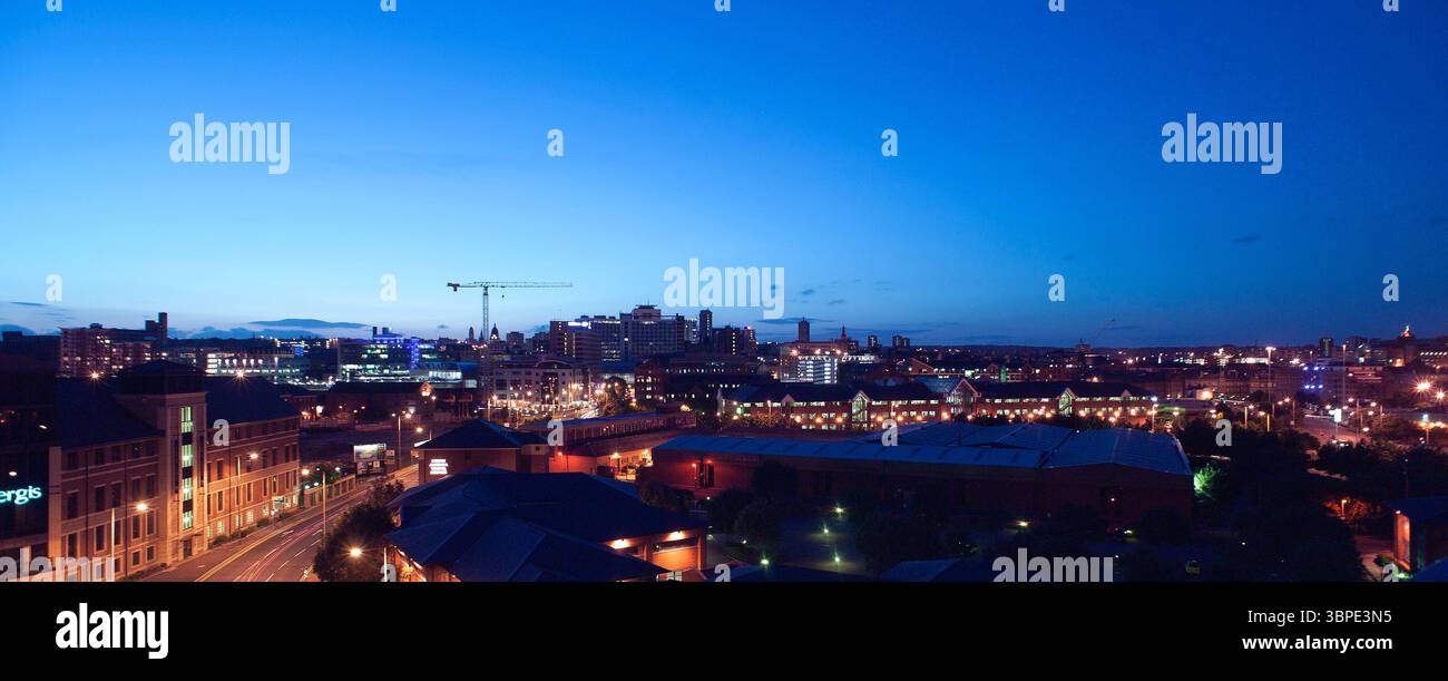 A night time view of Leeds city centre skyline, from the south, in 2002, without modern high rise buildings, West Yorkshire, Northern England, UK Stock Photo