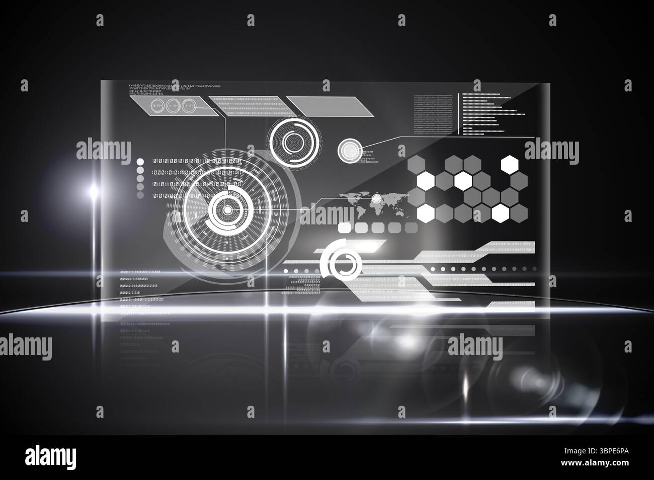 Transparent 3D panel is floating above floor in tech space with HUD ...