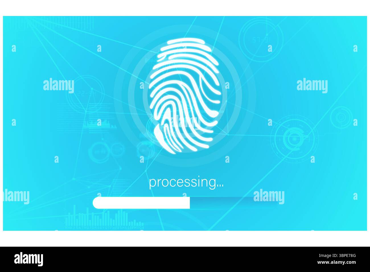 Stylized white fingerprint icon is loading on flat UI interface with progress bar and data lines Stock Photo