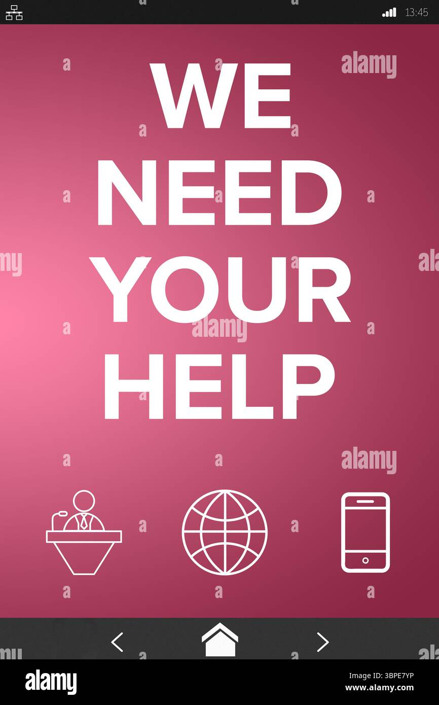 Digitally composite image of We Need your Help text with various icons ...