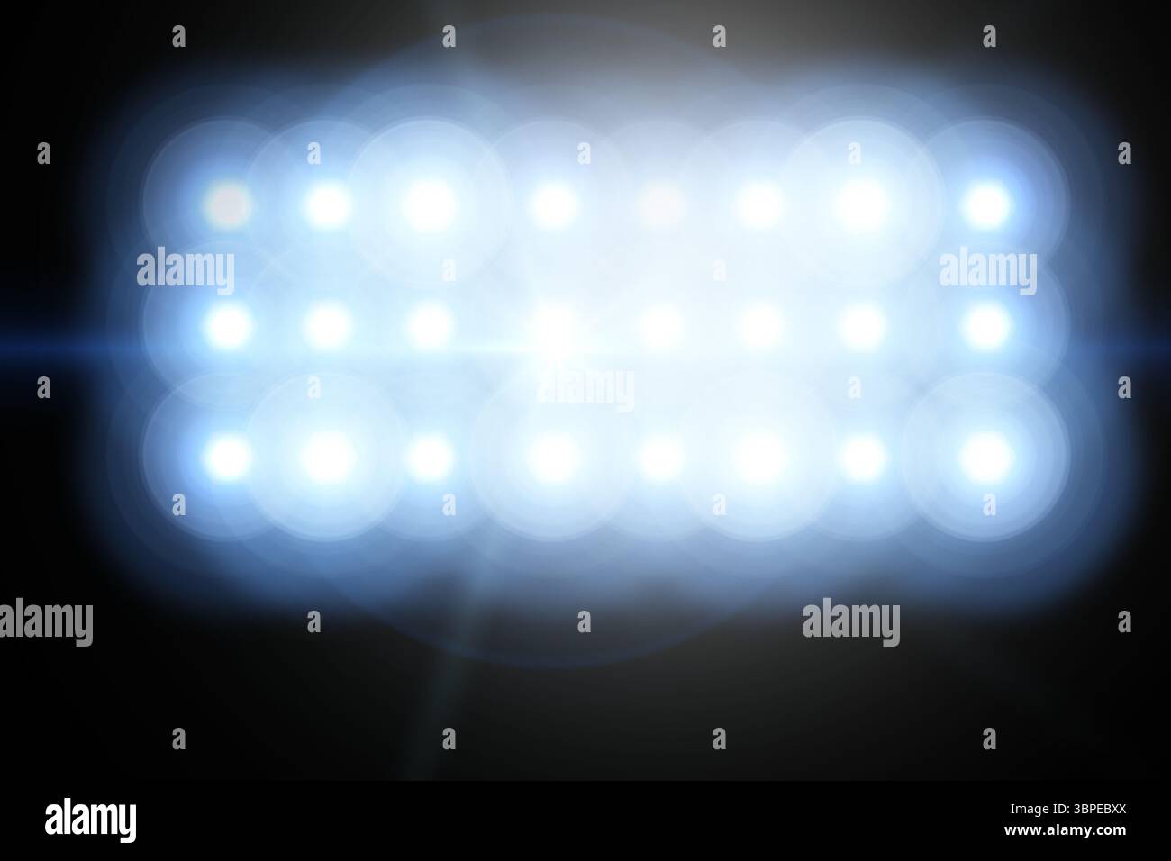 Rectangular LED panel is emitting intense glare and lens flare against dark backdrop, 3D render Stock Photo
