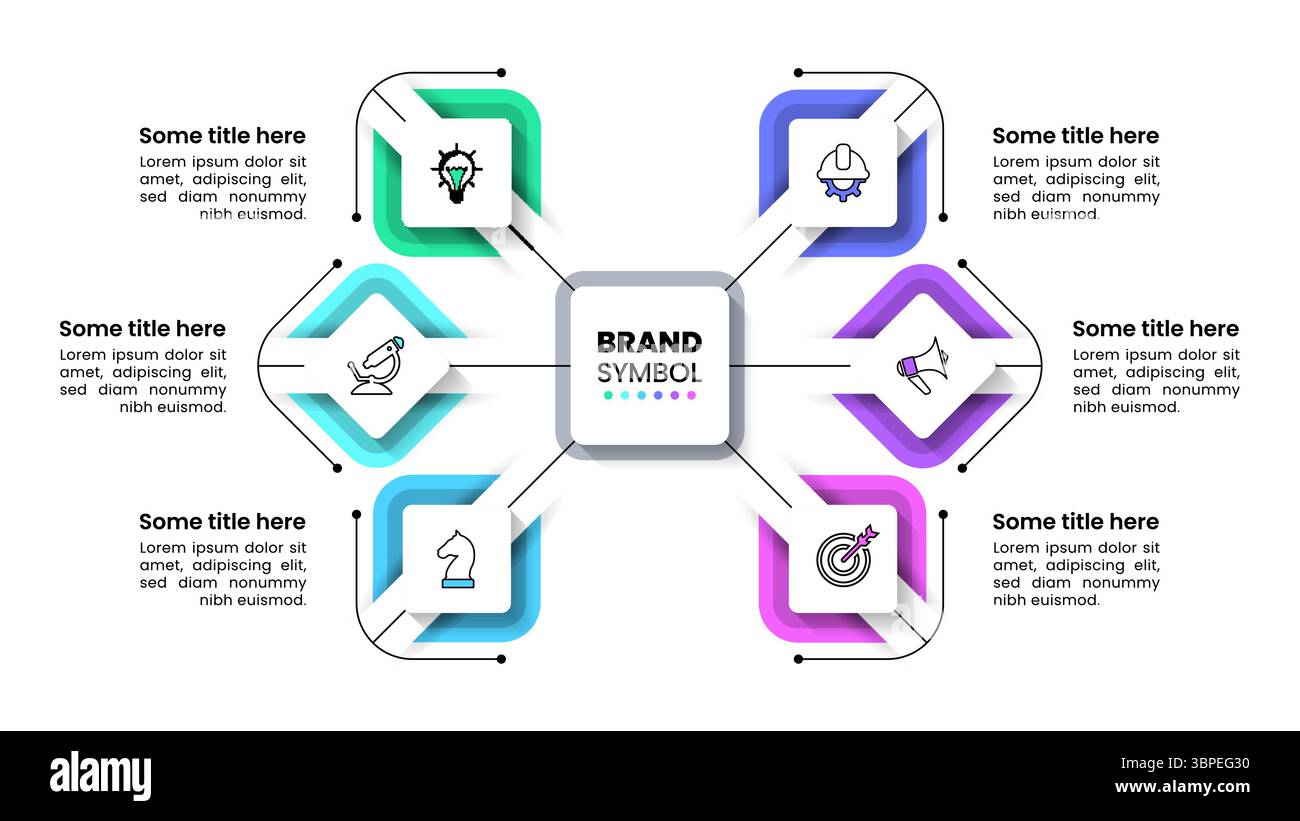 Infographic template with icons and 6 options or steps. Connected squares. Can be used for workflow layout, diagram, banner, webdesign. Vector illustr Stock Vector