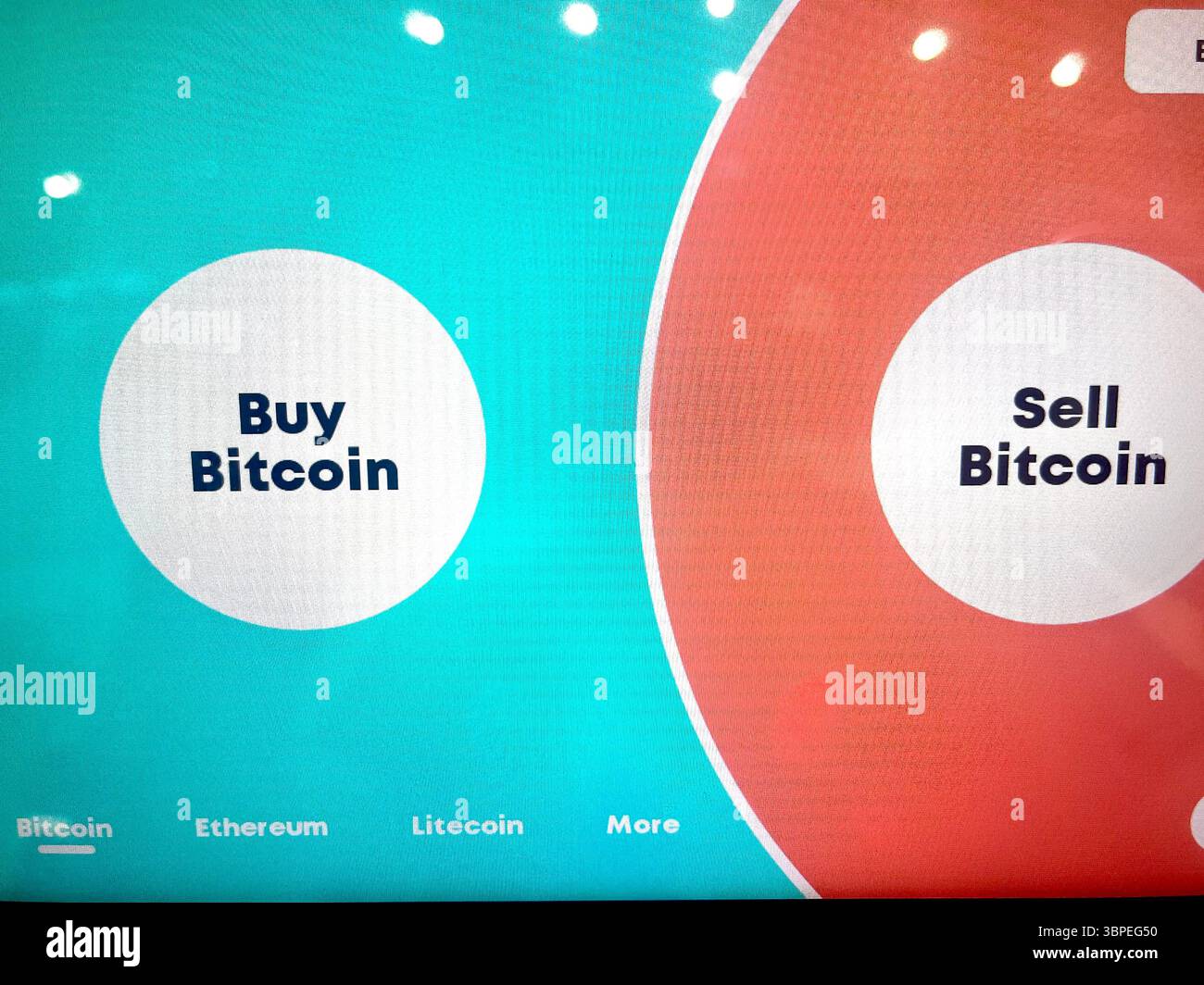 Close-up of a Bitcoin ATM screen in Sofia, Bulgaria, showing options to “Buy Bitcoin” and “Sell Bitcoin” for easy cryptocurrency trading, Europe, EU - Smartphone Captured Stock Image