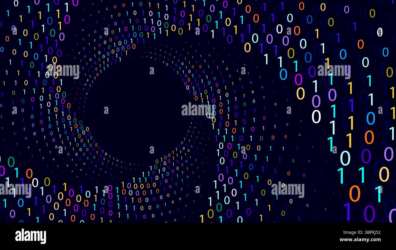Dark background with swirling, colorful binary code forming a tunnel effect. Stock Vector
