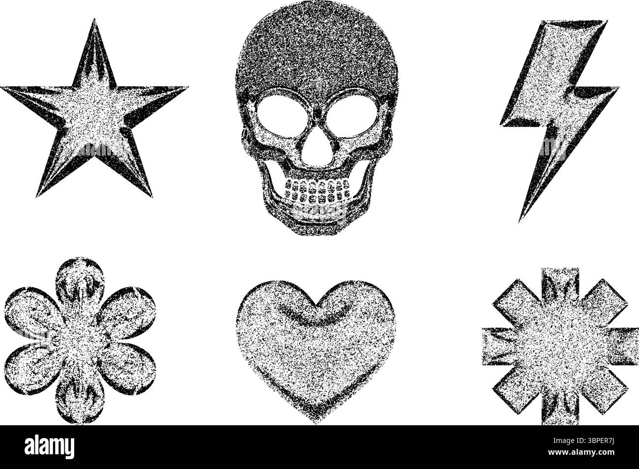 Stippled grunge objects - star, skull, lightning bolt, flower, heart and abstract geometric shape  Stock Vector