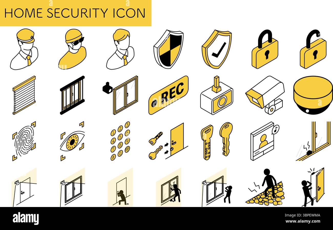 Isometric illustration of a black-and-white icon of crime prevention ...