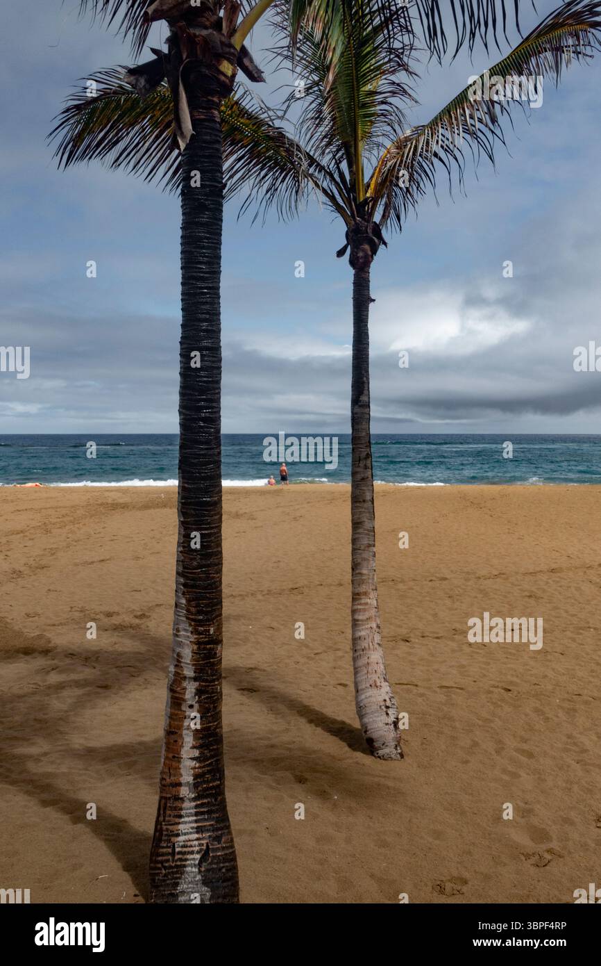 Las Palmas, Gran Canaria, Canary Islands, Spain. 8th July, 2025. A few hardy tourists, mainly British, brave an unusual spell of summer rain on the city beach in Las Palmas as rain clouds replace the usually guaranteed summer sunshine and cloudless skies. Credit: Alan Dawson/Alamy Live News Stock Photo