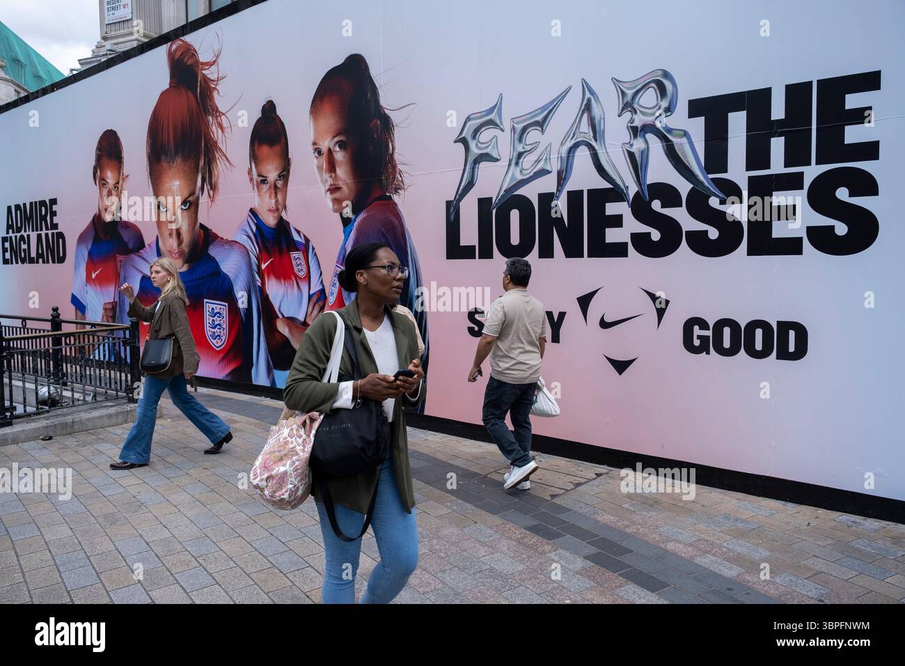 Lionesses advertising hoarding outside the Nike store at Oxford Circus during the Womens Euro 2025 football tournament on 7th July 2025 in London, United Kingdom. The England womens national football team, nicknamed the Lionesses, are the current Euro champions, which has made the players household names in the UK. Stock Photo