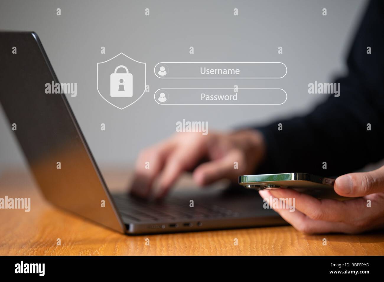 Business man work with laptop use electronic pen to key username and passwork are floating on screen Stock Photo